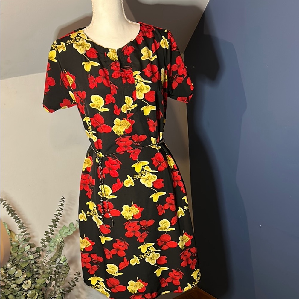 Floral Black Dress with Red and Yellow Accents